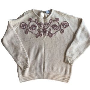 Andrea Gayle Embroidery Silk Pullover Sweater S Angora Lambwool Blush Cream VTG